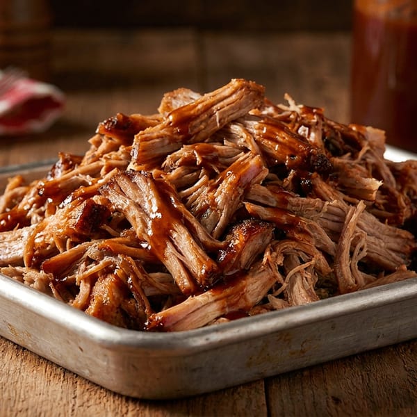 A metal tray overflowing with saucy pulled pork, with a checkered napkin and sauce bottle in the background.