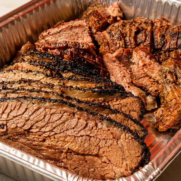 Sliced brisket and pulled pork in a foil pan, ready for serving.