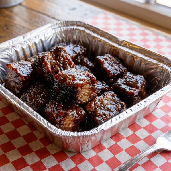 Barbecue burnt ends in a foil container on red and white checkered paper with a fork.