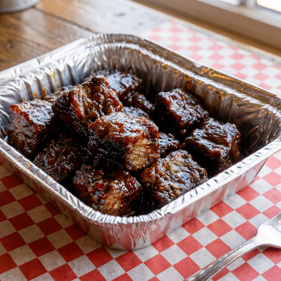 Barbecue burnt ends in a foil container on red and white checkered paper with a fork.