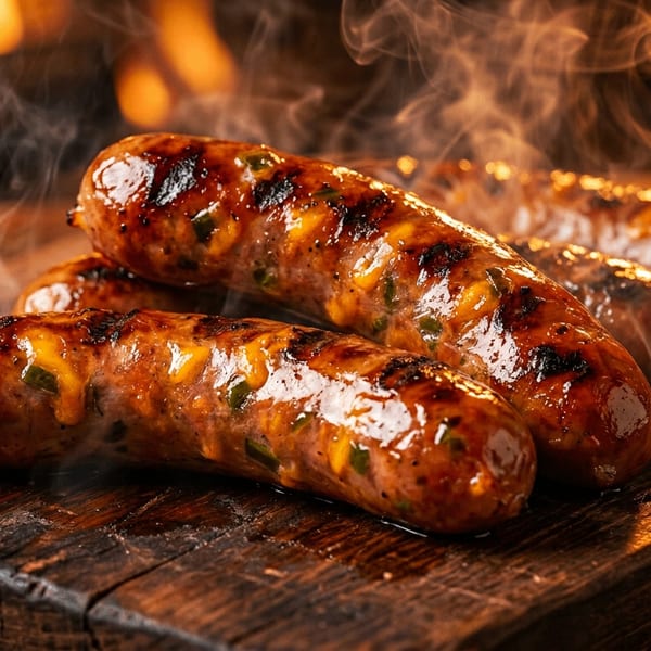 Steaming, grilled sausages with char marks on a rustic wooden board, with a warm, glowing background.