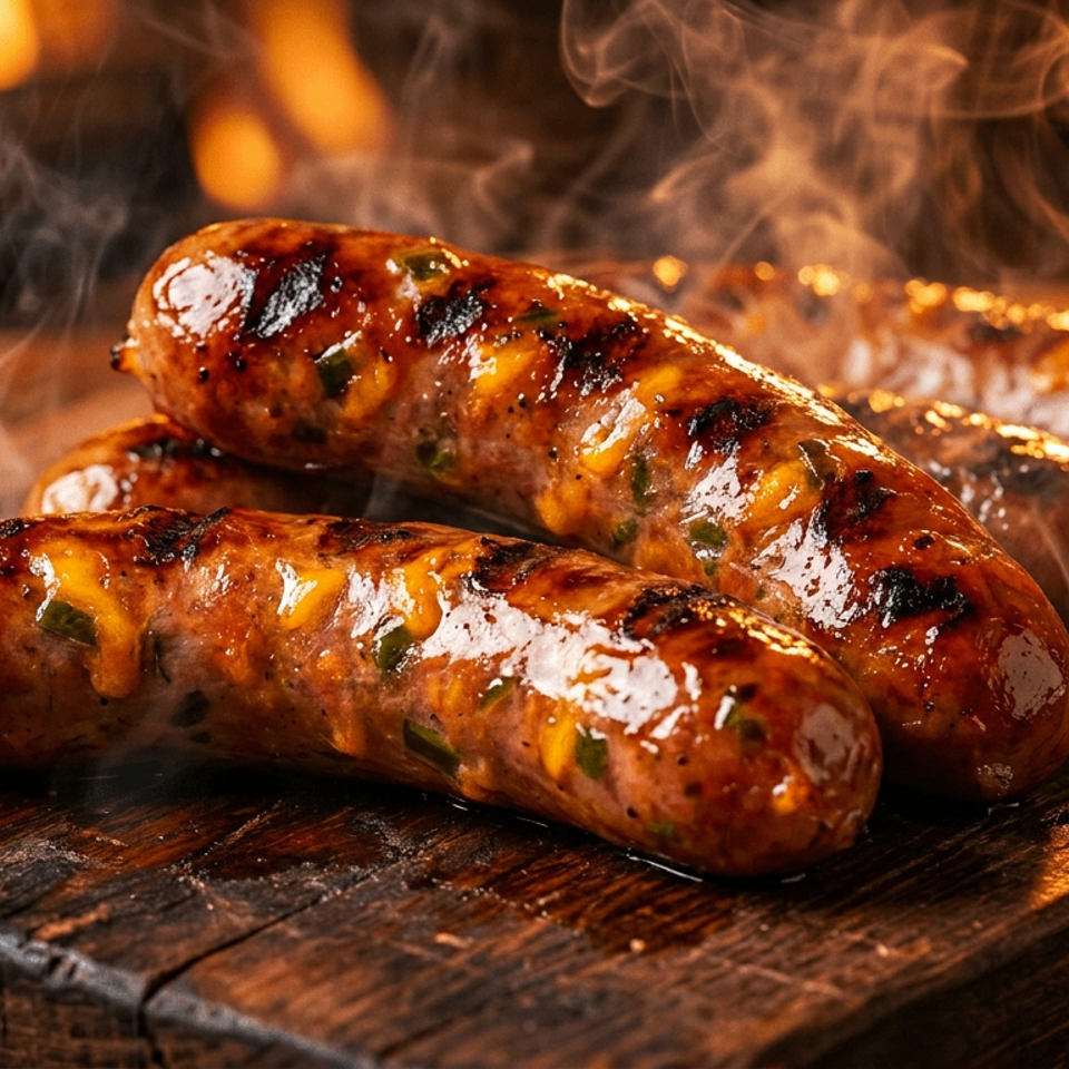 Steaming, grilled sausages with char marks on a rustic wooden board, with a warm, glowing background.