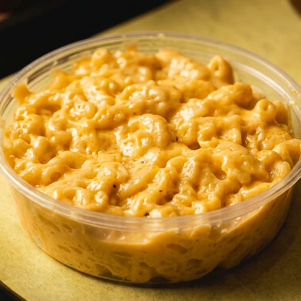 Creamy mac and cheese in a clear plastic container on yellow paper.